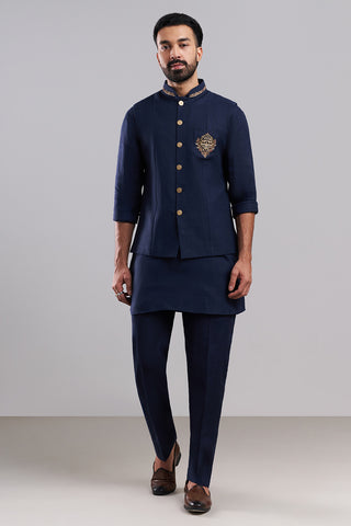 Navy Blue Linen Satin Men's Kurta Set with Ornate Jacket