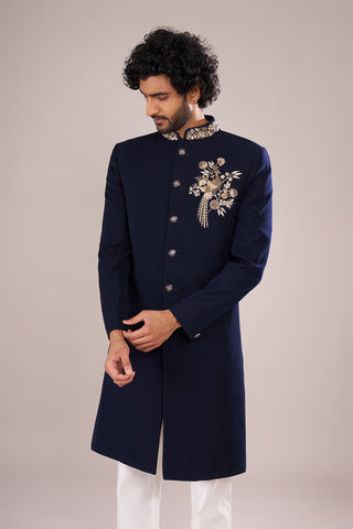 Navy Blue Men's Embroidered Indo-Western Sherwani