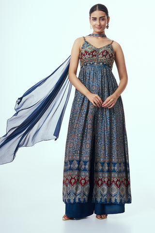 Navy Blue Ajrakh Anarkali Set with Sequin Work