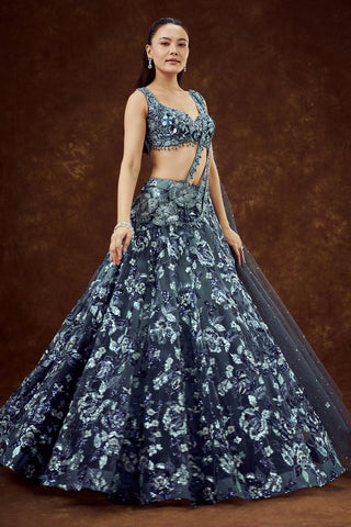 Navy Blue Net Lehenga with Sequin and Bead Work