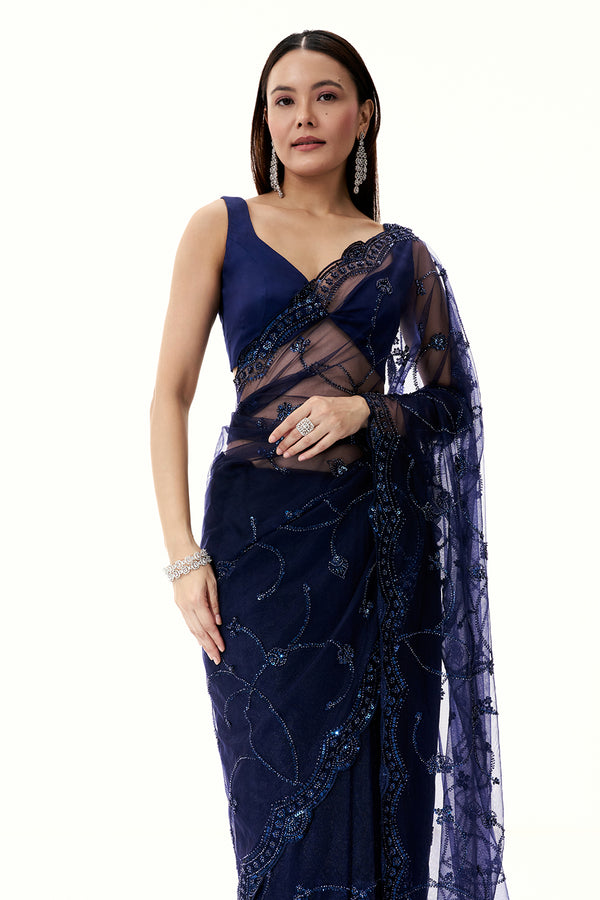 Navy Blue Net Saree with Sequin and Bead Work