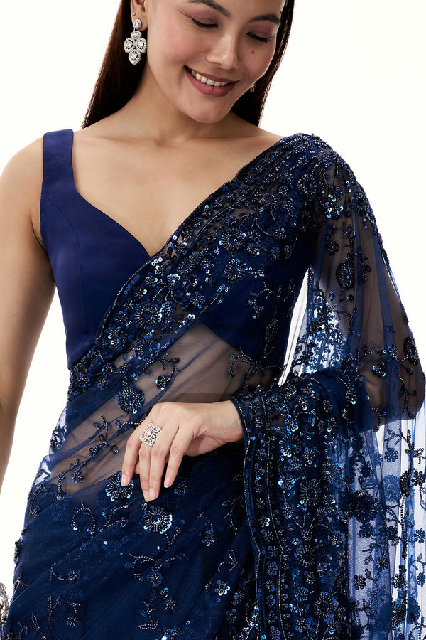 Navy Blue Net Saree with Sequin Work