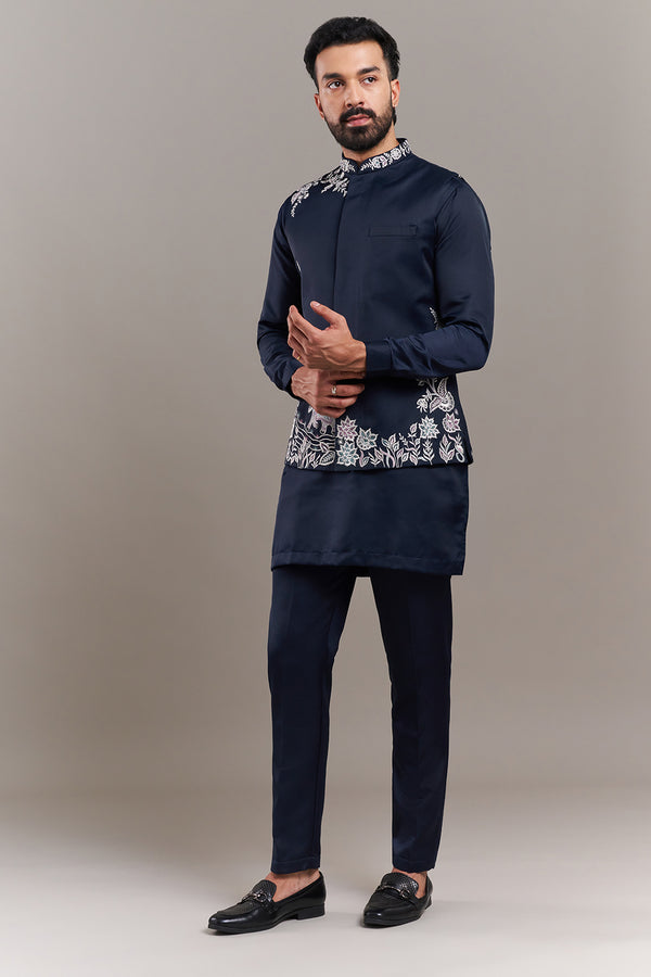 Navy Blue Nokia Silk Floral Border Men's Kurta with Jacket