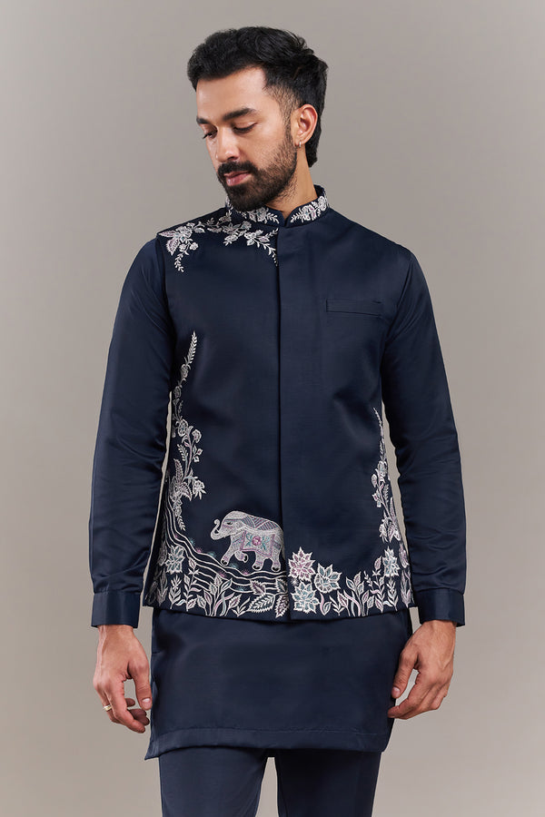 Navy Blue Nokia Silk Floral Border Men's Kurta with Jacket