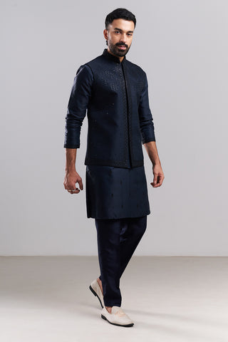 Navy Blue Nokia Silk Men's Kurta Set with Sequin-Detailed Jacket