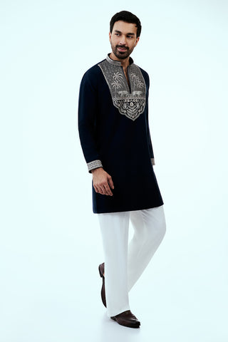 Navy Blue Premium Crepe Mens Kurta Set with Handwork