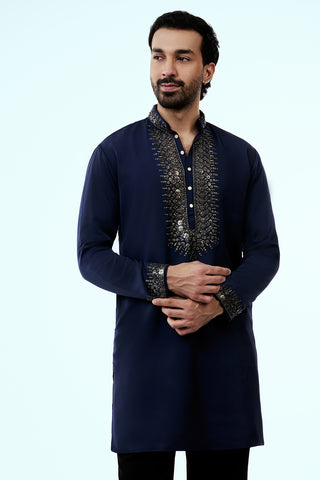 Navy Blue Premium Crepe Mens Kurta Set with Sequins Work