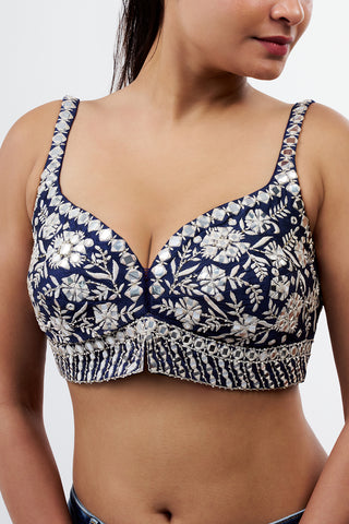 Navy Blue Raw Silk Blouse with Mirror Work