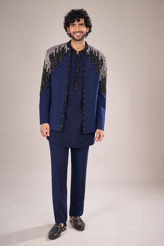 Navy Blue Rayon Embellished Jacket Set