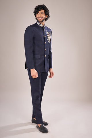 Navy Blue Rayon Embroidered Bandhgala Set