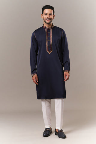 Navy Blue Satin Mens Kurta Set with Thread Work