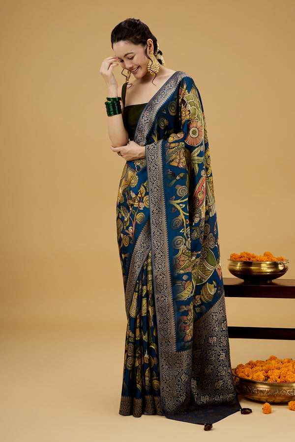 Navy Blue Satin Silk Printed Saree with Zari Work