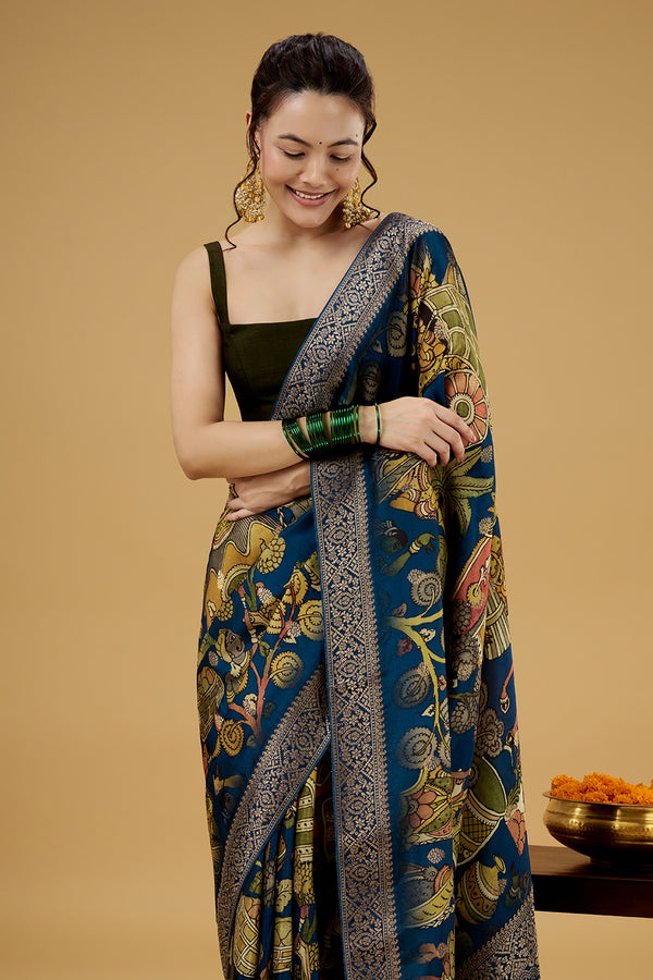 Navy Blue Satin Silk Printed Saree with Zari Work