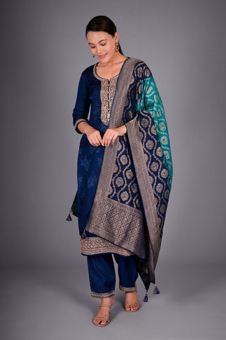 Navy Blue Silk Blend Kurta Set with Zari Embroidery and Ombre Woven Dupatta