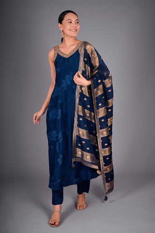Navy Blue Silk Blend Kurta Set with Zari Embroidery and Woven Dupatta