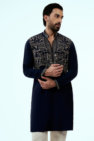 Navy Blue Silk Mens Kurta Set with Cutdana Work