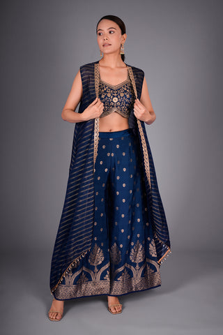Navy Blue Suit with Embroidered Bustier and Leheriya Cape