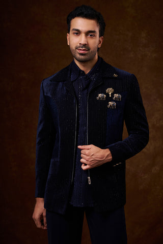 Navy Blue Velvet Men's Indo-Western Set with Metal Emblems