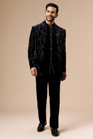 Navy Blue Velvet Mens Indo Western with Geometric Cut Dana and Bead Work