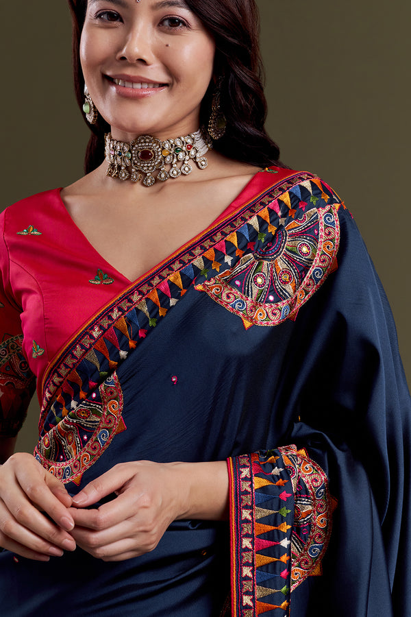 Navy Folk-Embroidered Silk Saree