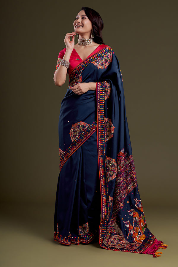 Navy Folk-Embroidered Silk Saree
