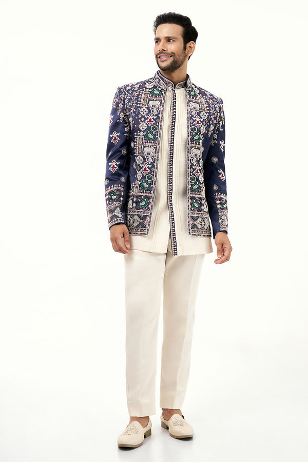 Off White and Navy Blue Raw Silk Mens Jodhpuri Set with Moti Work