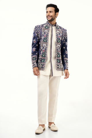 Off White and Navy Blue Raw Silk Mens Jodhpuri Set with Moti Work
