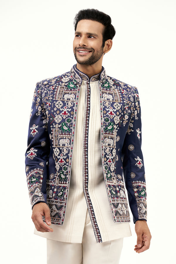 Off White and Navy Blue Raw Silk Mens Jodhpuri Set with Moti Work