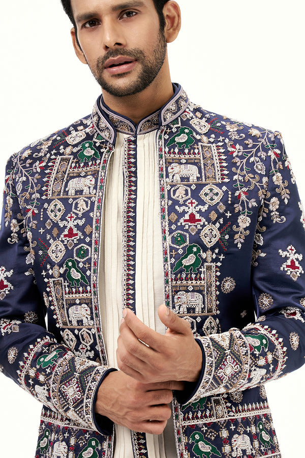 Off White and Navy Blue Raw Silk Mens Jodhpuri Set with Moti Work