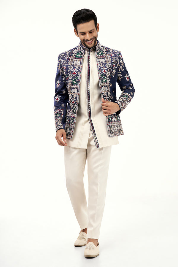 Off White and Navy Blue Raw Silk Mens Jodhpuri Set with Moti Work