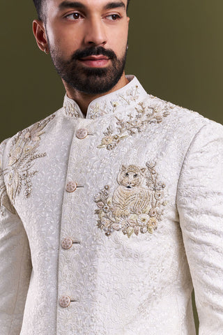 Off-White Art Silk Embellished Jodhpuri Set