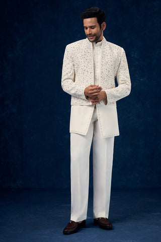 Off White Art Silk Mens Indo Western Set with Dori and Cutdana Work