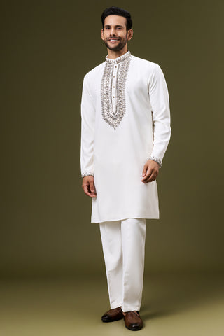 Off White Georgette Mens Kurta Set with Sequin and Bead Work