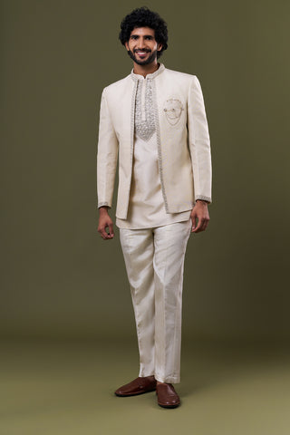 Off White Linen Jute Embellished Jacket Set