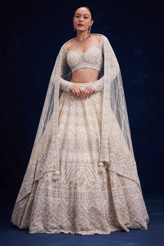 Off-White Net Bridal Lehenga with Pearl and Cutdana Work