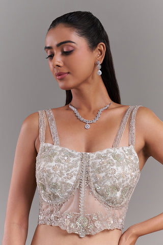 Off-White Net Embroidered Blouse with Floral Motifs
