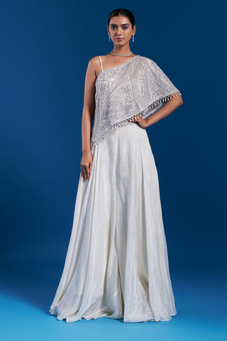 Off-White One-Shoulder Cape Palazzo Set with Cutdana Work