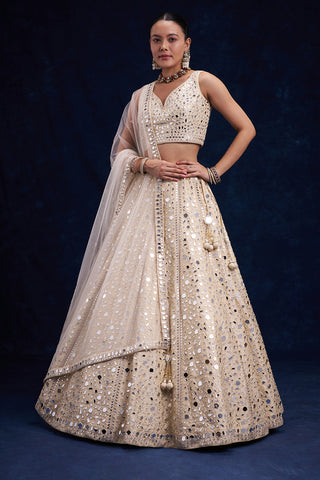 Off-White Raw Silk Bridal Lehenga with Mirror and Resham Work