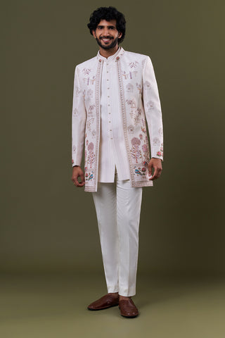 Off White Silk Blend Mughal Garden Printed Jacket Set