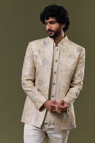 Off White Tissue Silk Mirror Embroidered Kurta with Jacket