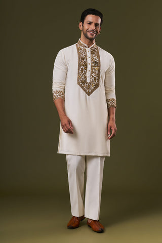 Off White Velvet Mens Kurta Set with Sequins Embroidery