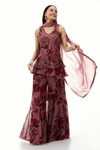 Old Rose Pink Organza Peplum Sharara Suit with Mirror and Cutdana Work