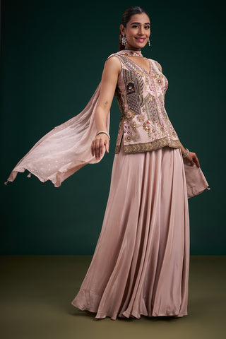 Old Rose Pink Pure Crepe Indo-Western Suit with Mirror and Cutdana Work