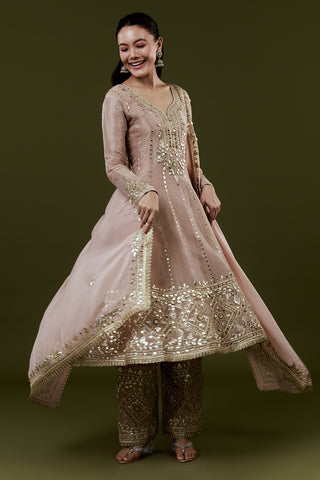 Old Rose Pink Shimmer Tissue Suit with Zari and Mirror Work and Farsi Pants