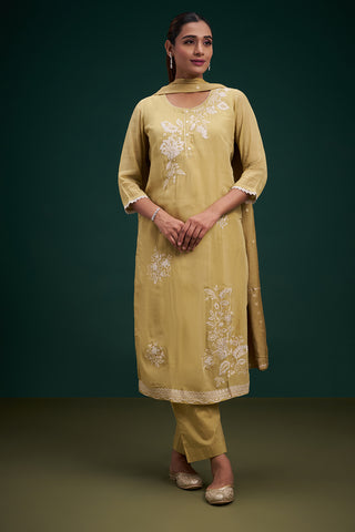 Olive Green Chinon Salwar Suit with Resham Work