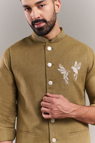 Olive Green Cotton Jute Bird Motif Kurta with Jacket