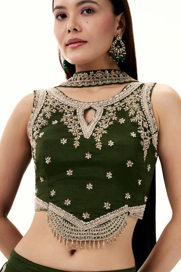 Olive Green Crepe Set with Zari and Cutdana Work