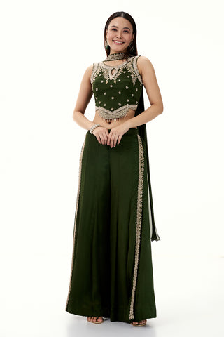 Olive Green Crepe Set with Zari and Cutdana Work