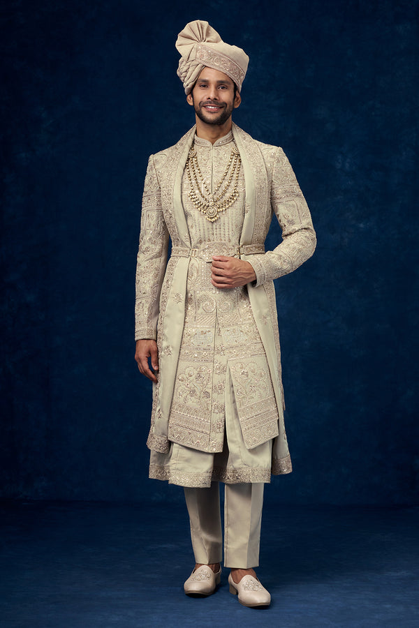 Olive Green Raw Silk Embroidered Groom Sherwani with Bead Work