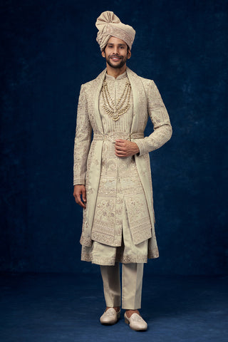 Olive Green Raw Silk Embroidered Groom Sherwani with Bead Work